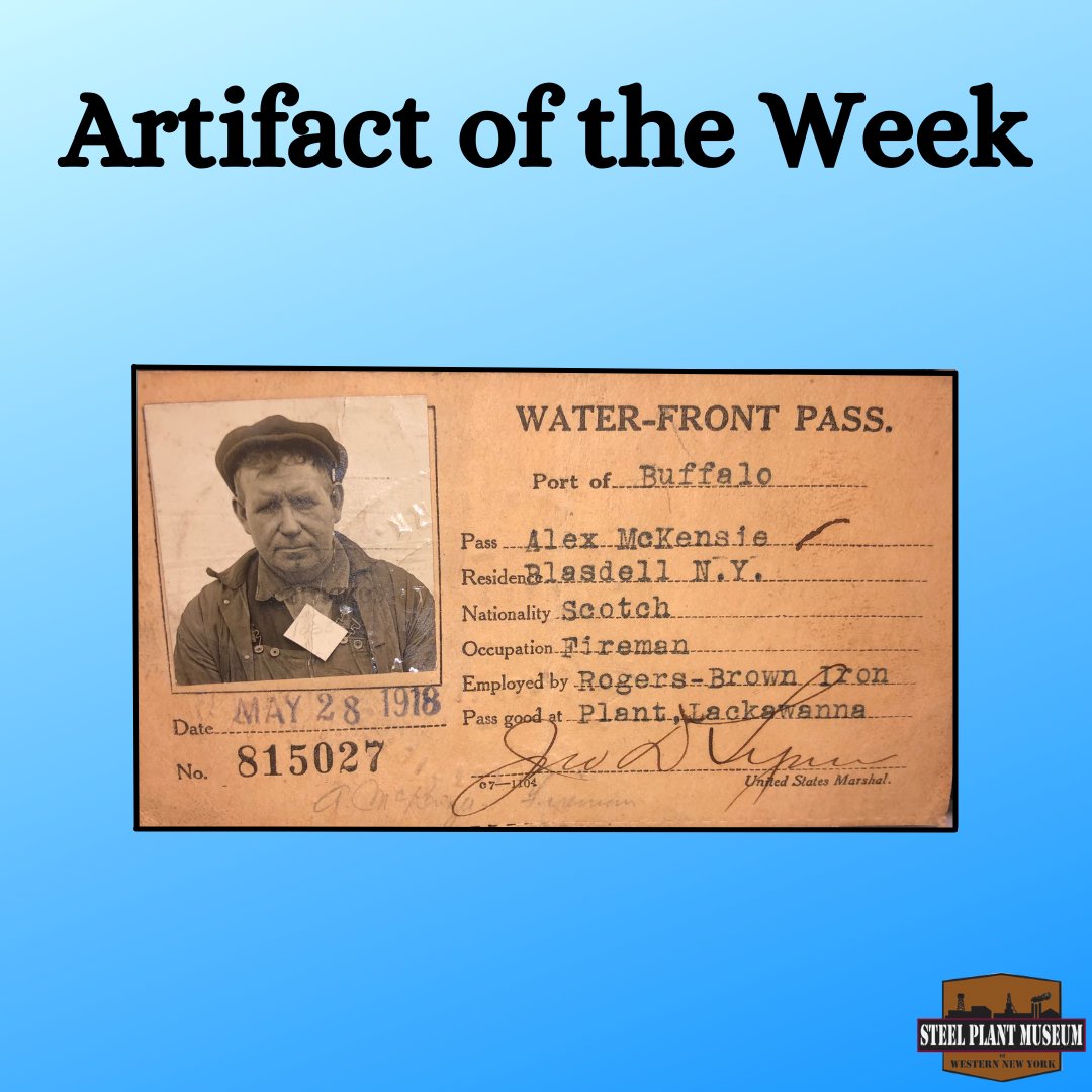 SPMofWNY's tweet photo. Artifact of the Week: Check out this Water-Front Pass #815027 that was recently donated to the museum.  Issued to Alex McKensie employed by Rogers-Brown Iron, dated May 28, 1918. The pass was good at the Lackawanna Plant.
#history #artifactoftheweek #lackawanna #saturday https://t.co/1XZ9cs84mM