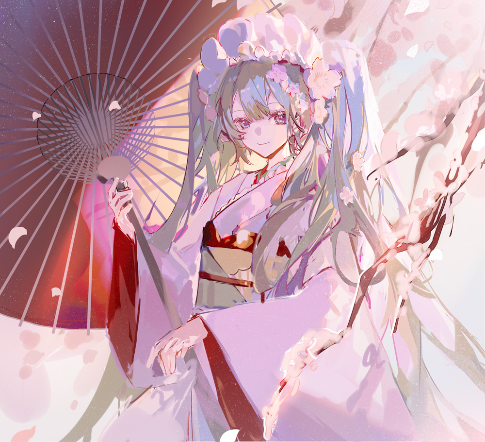 hatsune miku 1girl solo cherry blossoms kimono japanese clothes oil-paper umbrella umbrella  illustration images