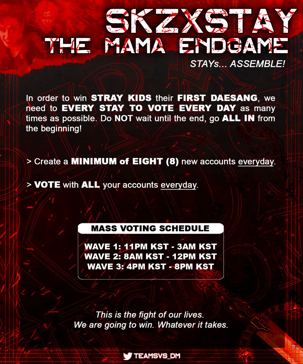skzchartdata's tweet photo. 🔥 SKZ X STAY | NEW MASS VOTING SCHEDULE

We will now hold THREE (3) MASS VOTINGS per day. Let’s keep the momentum and continue encouraging stays to vote on MAMA!

- Create min. 8 accs
- Vote min. 28 accs
- Vote on TikTok and Apple Music

@Stray_Kids #SKZxSTAY_ENDGAME https://t.co/BIZ9UVttC0