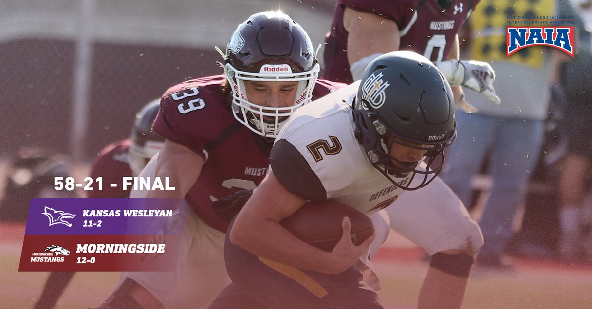 MsideMustangs's tweet photo. 🏈 @MsideFootball advances to FIFTH STRAIGHT @NAIA @NAIAFBALL semifinal - topples Kansas Wesleyan 58-21
🐴 J. Dolincheck Off. POTG - sixth straight 300-yd.-or-more game - second 400-plus yd. outing of year
🐴 J. Portis - Def. POTG - eight tackles, two sacks @MorningsideEdu https://t.co/vGbGAsplDv