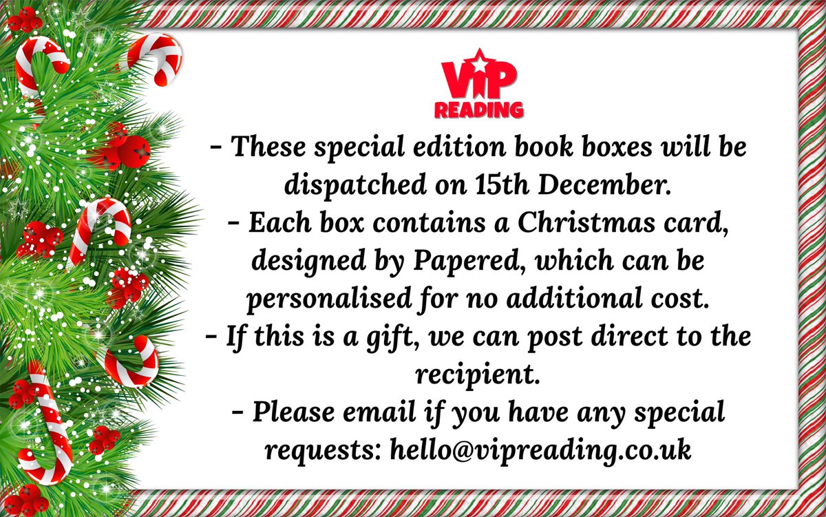 🌟 VIP Giveaway 🌟

🎄 Our Xmas #VIPbookboxes have arrived!🎄

Each box features:

📚 Two books
🖼 Exclusive print
📝 Author letter
🎄 <a href="/lovepapered/">Papered</a> Xmas card
🍫 Chocolate coins
🌟 VIP merch

✅ vipreading.co.uk/product-catego…

RT &amp; Follow
To WIN your favourite box!

UK Only
Ends 12.12.21