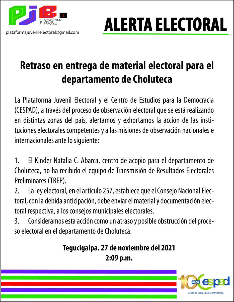 pjelectoralhn's tweet photo. ALERTA | El atraso en la entrega de material electoral en Choluteca, a pocas horas de las elecciones generales, se considera un obstáculo para el ejercicio democrático. #PJE 
#Alerta2 https://t.co/fxpFWVUm3q