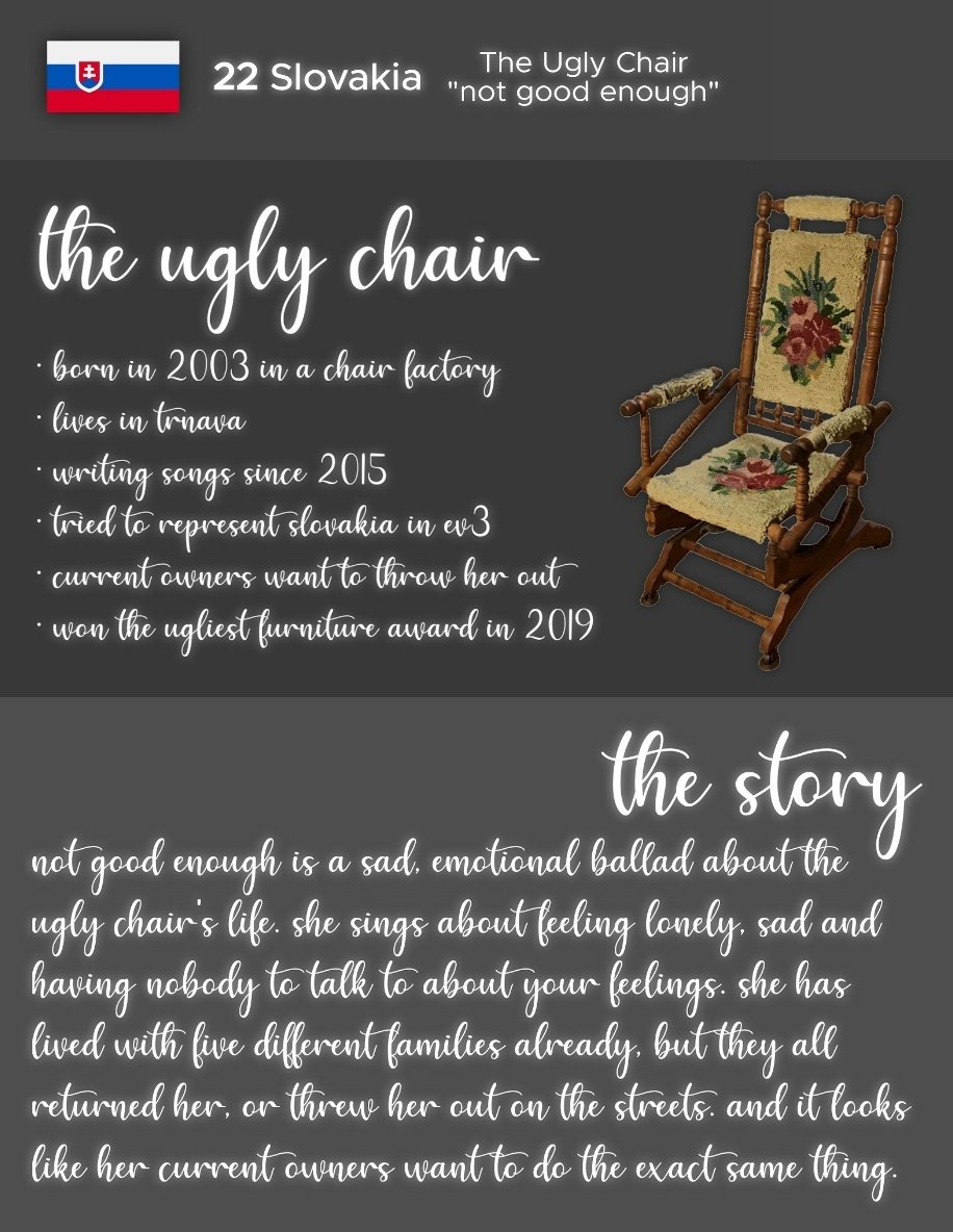 Eurovisnt's tweet photo. 22 SLOVAKIA 🇸🇰
The Ugly Chair - "not good enough"
#Eurovisnt https://t.co/4mBFCjRwro
