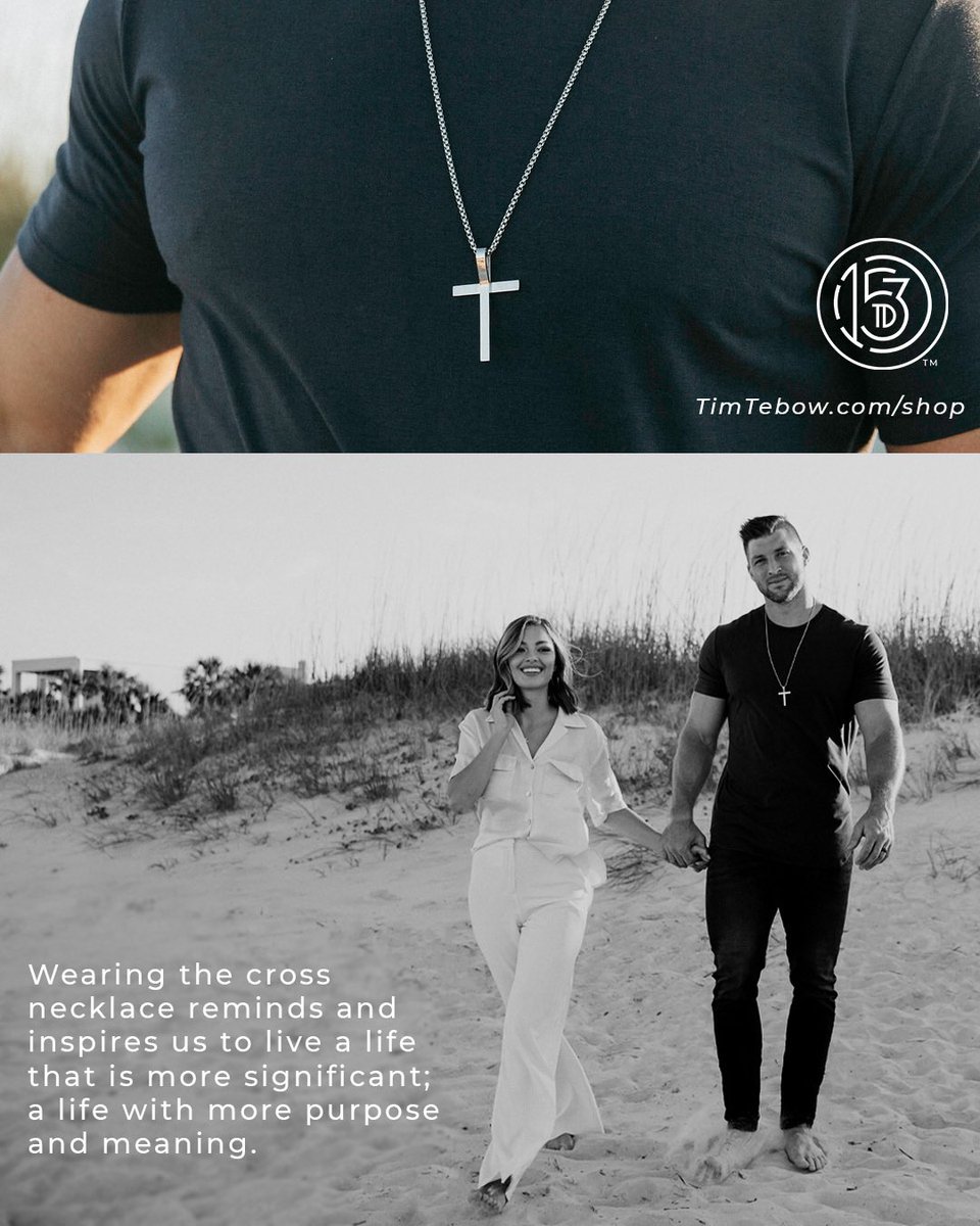 TimTebow's tweet photo. Wearing the cross necklace reminds and inspires us  to live a life that is more significant; a life with purpose and meaning. 

Check out 153 Jewelry by Demi &amp; Tim and grab your favorite piece for 15% off: https://t.co/zAfo7n9o7l https://t.co/5x816MgbM1