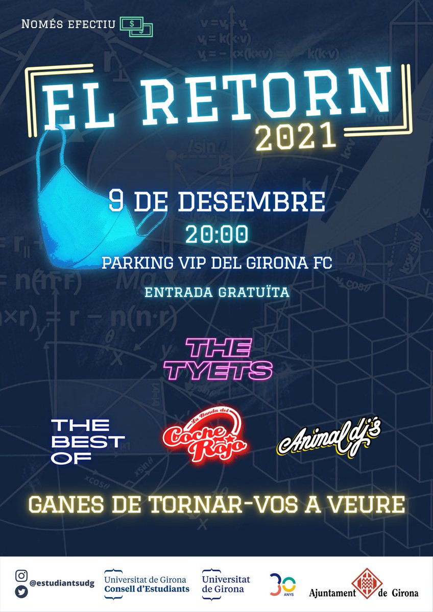 estudiantsudg's tweet photo. Estudiants, guardeu-vos el dia 9 de desembre a les 20:00 perquè celebrem EL RETORN.
💸Entrada gratuïta
📍Pàrquing VIP del Girona FC
🚌 Servei de bus gratuït Montilivi - Emili Grahit
🥪Barra amb entrepans, birres i bon rollo!

No t'ho perdis! 👀 https://t.co/javI9uCPhz