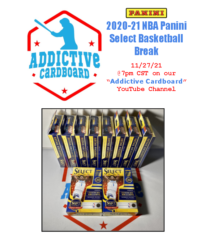 AddictiveCardb1's tweet image. 2020-21 PANINI NBA Select 10x Hanger Break happening tonight! Team auctions start closing around 5:20pm CST. The break will happen on our "Addictive Cardboard" YouTube channel at 7pm CST.

ebay.com/str/addictivec…

#boxbreak #nbacards
@CardPurchaser @HobbyConnector @Hobby_Connect