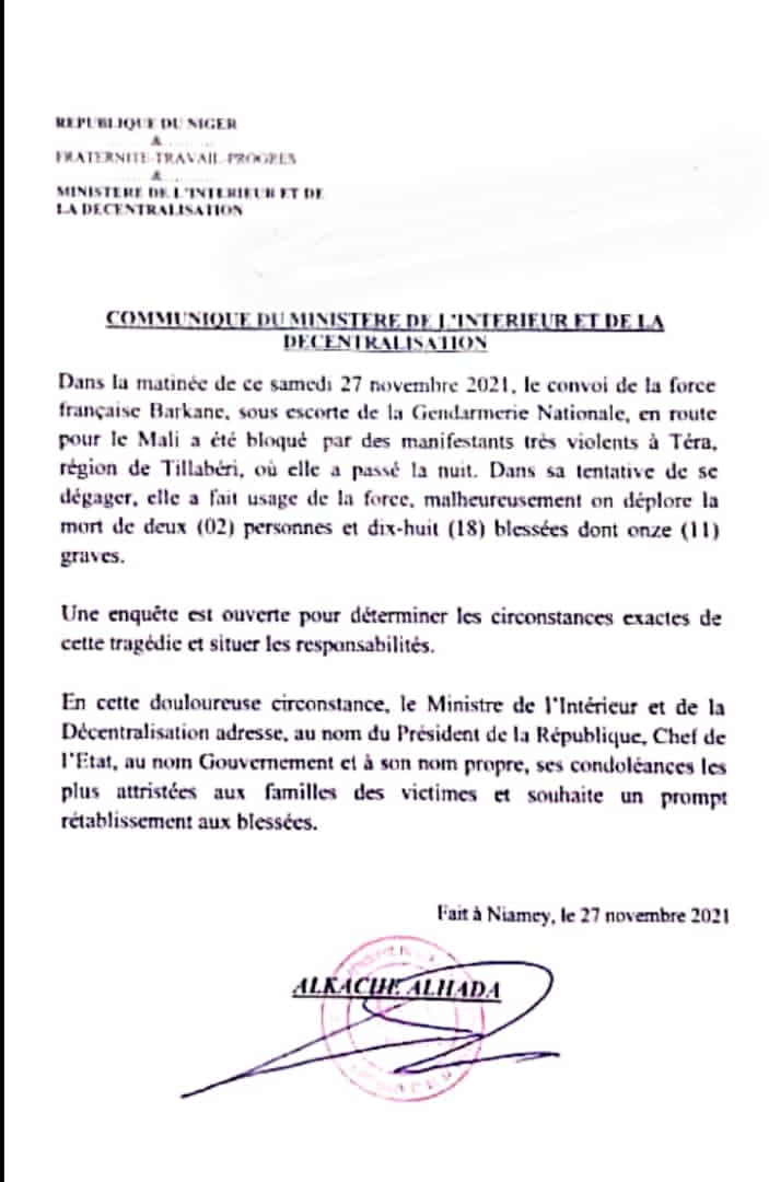 #Niger Ce communiqué prête à #Barkhane les tirs sur les manifestants

<a href="/EP_President/">Roberta Metsola</a>
<a href="/HRF/">Human Rights Foundation (HRF)</a>
<a href="/Survie/">Survie</a>
<a href="/antonioguterres/">António Guterres</a>
<a href="/UN_News_Centre/">UN News</a>
<a href="/POTUS/">President Donald J. Trump</a>
<a href="/SecBlinken/">Secretary Antony Blinken</a>
<a href="/VP/">Vice President JD Vance</a>
<a href="/washingtonpost/">The Washington Post</a>
<a href="/SABCNews/">SABC News</a>
<a href="/canardenchaine/">Le Canard enchaîné</a>
<a href="/edwyplenel/">Edwy Plenel</a>
<a href="/justinebrabant/">Justine Brabant</a>
<a href="/thomasdietrich0/">THOMAS DIETRICH</a>
<a href="/UN/">United Nations</a>
<a href="/_AfricanUnion/">African Union</a>
<a href="/LUnionEuropenne/">L'Union Européenne</a>