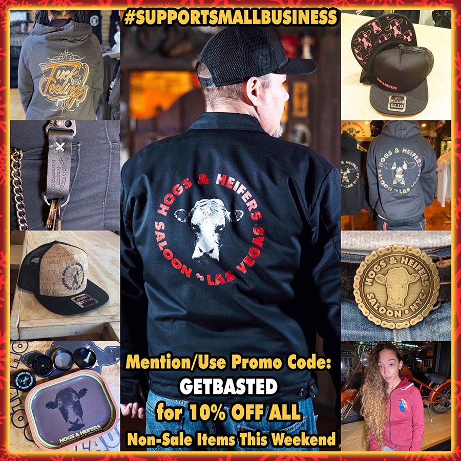 HogsAndHeifers's tweet photo. REMINDER: Mention/Use Promo Code: 𝐆𝐄𝐓𝐁𝐀𝐒𝐓𝐄𝐃 for 10% OFF ALL NON-SALE #HOGWARES this weekend.  Also remember to #SupportSmallBusiness.

Hogs Merch Shop at the bar is open daily from 12pm - 4am.  Shop ONLINE, ANYTIME: https://t.co/qg3evKCE1R

#HogsLife #HolidayShopping https://t.co/CTEj6ZbJ15