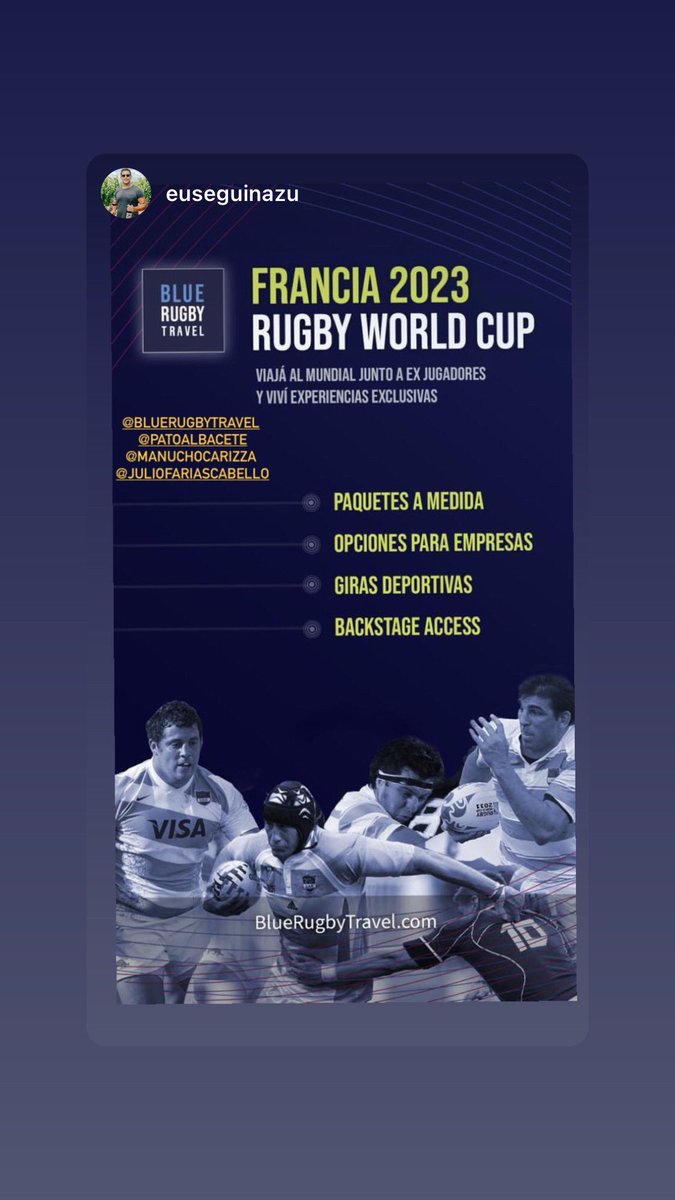 Amigos, quiero compartirles el lanzamiento de un proyecto muy especial para todos los que quieran viajar con nosotros al Mundial de Rugby 2023: Blue Rugby Travel  🏉✈️

Ya pueden dejar sus consultas en el link en bio de @bluerugbytravel por instagram! 📩