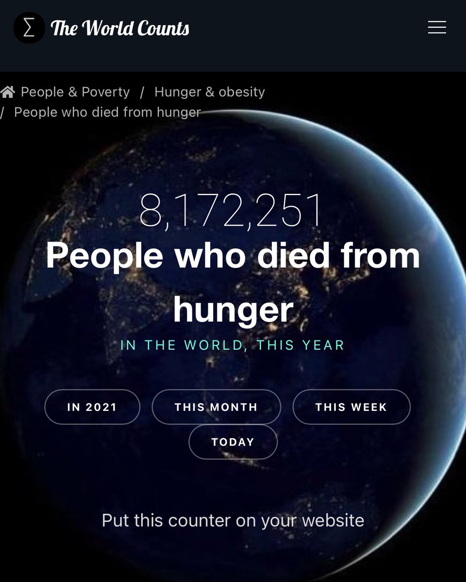 RodneyNCulleton's tweet photo. The cure? Food! The shame of world leaders!

In just 11 months of 2021, over 8 million people have died of starvation.

In 22 months of a “pandemic,” over 5 million people have died WITH covid.

The World Counts: https://t.co/2I5tuH8ujz

worldometer: https://t.co/8zkm0nTpAX https://t.co/MC56AUS54f