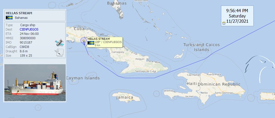 FlconEYES's tweet photo. ⚓️#HELLASSTREAM #IMO9015187 Barco Refrigerado que llegó desde Europa, ahora descargando en Cfgos a esta hora. #HappeningNow #cubarcos #Cuba #27Nov https://t.co/5FSzZtujTf