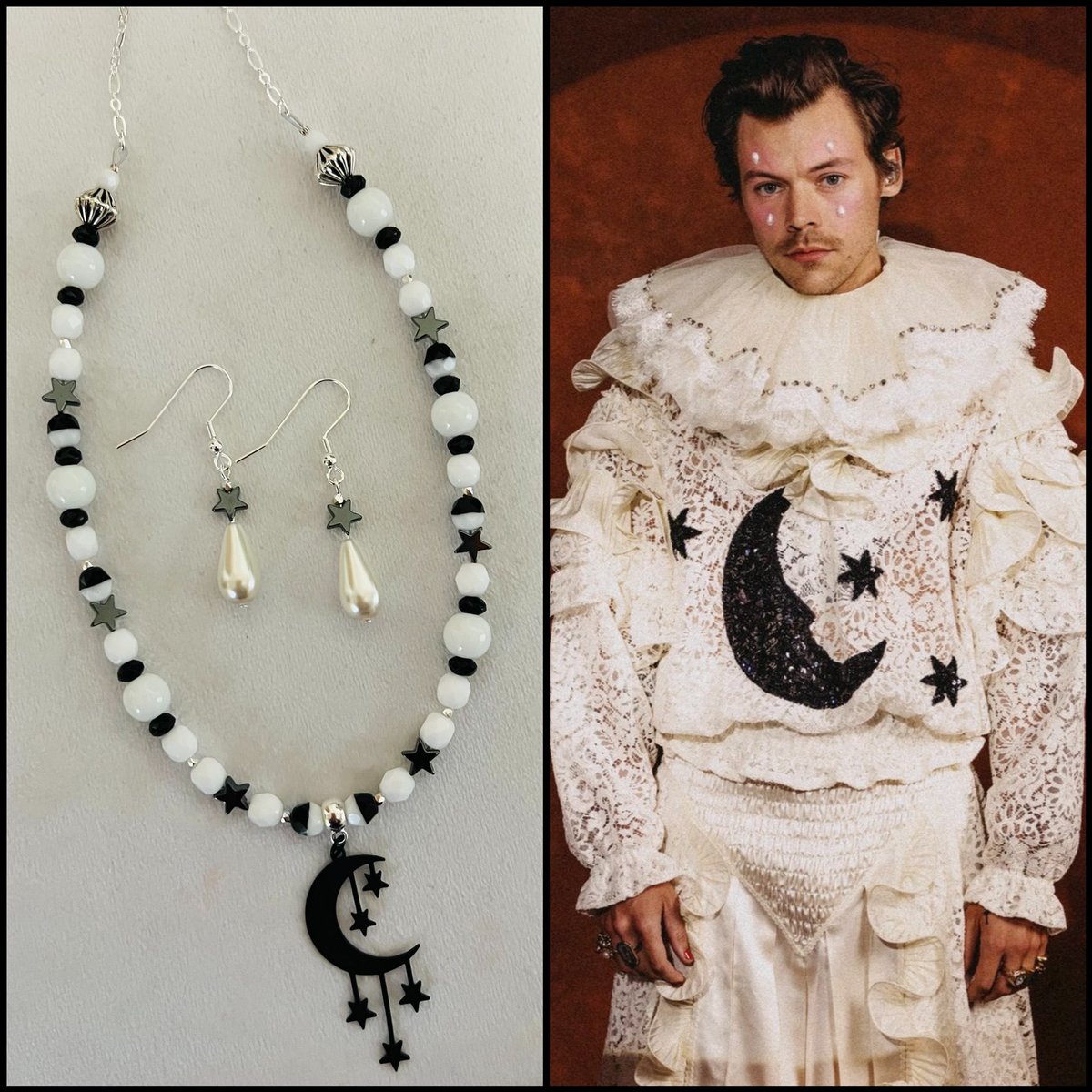 BeadleBums's tweet photo. I really wanted to design a piece based on #HarryStyles’ #Harryween night 2 costume. What do you think? Once I found the perfect pendant it all came together. Only two available in the shop right now…earrings included! #LoveOnTour #ShopSmall https://t.co/ahYfskJX2h https://t.co/P6NONe5zyM