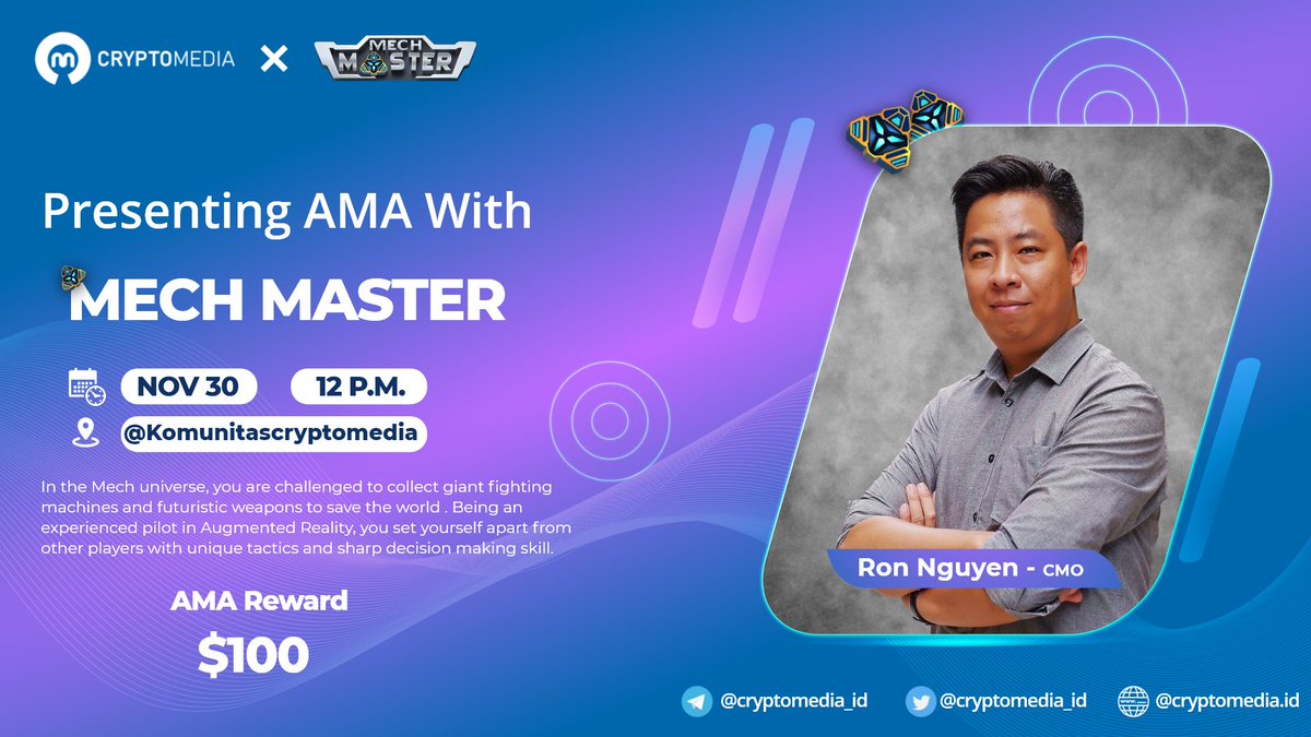 Cryptomedia_id's tweet photo. 📢AMA series Announces!!!

Crypto Media Indonesia 🇮🇩 will hold AMA with @MechMaster_IO  on November 30th | 12pm UTC

Rules: 
1. Join TG https://t.co/DNBhFaQATq
2. Follow Twitter @Cryptomedia_id &amp; @MechMaster_IO 
3. Like, Retweet, Comment your Question &amp; Tag Your Friends https://t.co/6eN9lkGrzD