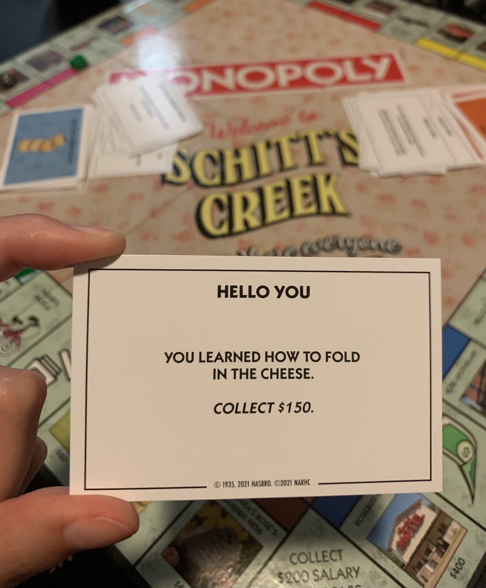 gabikcard's tweet photo. Monopoly has been my fav board game since I was a kid so I was very excited when my partner got this version for us to play!! @SchittsCreek @danjlevy I spent most of the evening in jail but I learned how to fold in the cheese!! https://t.co/AxUrBSeb4m