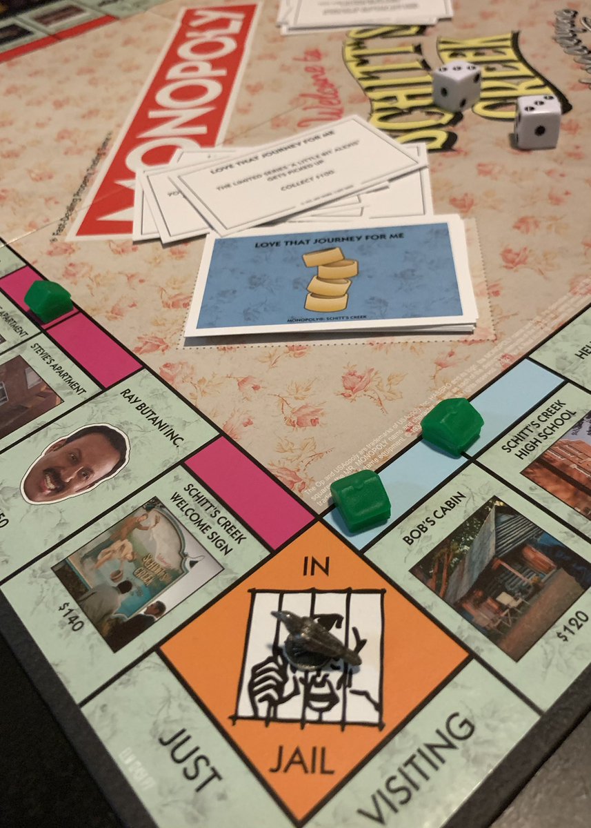 gabikcard's tweet photo. Monopoly has been my fav board game since I was a kid so I was very excited when my partner got this version for us to play!! @SchittsCreek @danjlevy I spent most of the evening in jail but I learned how to fold in the cheese!! https://t.co/AxUrBSeb4m