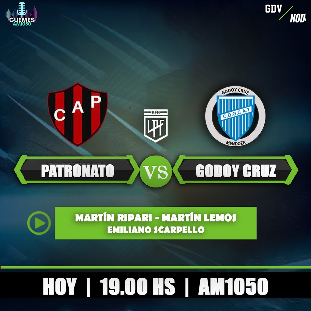 NODeportiva's tweet photo. 🗣 Préndete a AM1050 Y escucha #Patronato 🆚 #GodoyCruz junto al equipo de @GDVRADIO y @nodeportiva ‼️
 
Relatos: @martinripari 
Comentarios: @ScarpelloEmii 
Estudios: @martincholemos https://t.co/YXI6wsjZH3