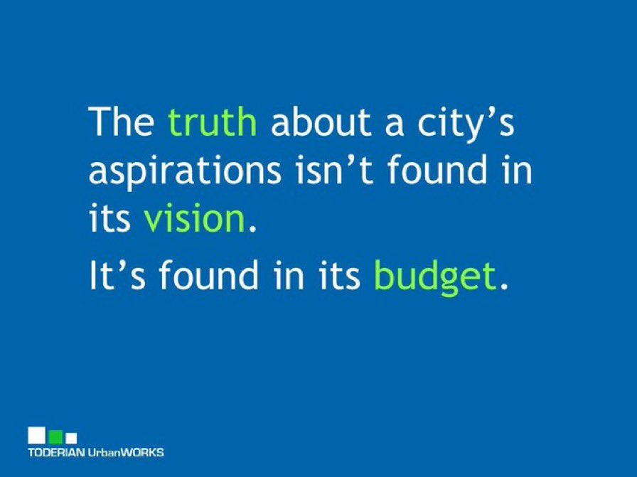 “The truth about a city’s aspirations isn’t found in its vision. It’s found in its budget.” — @BrentToderian #CityMakingMath