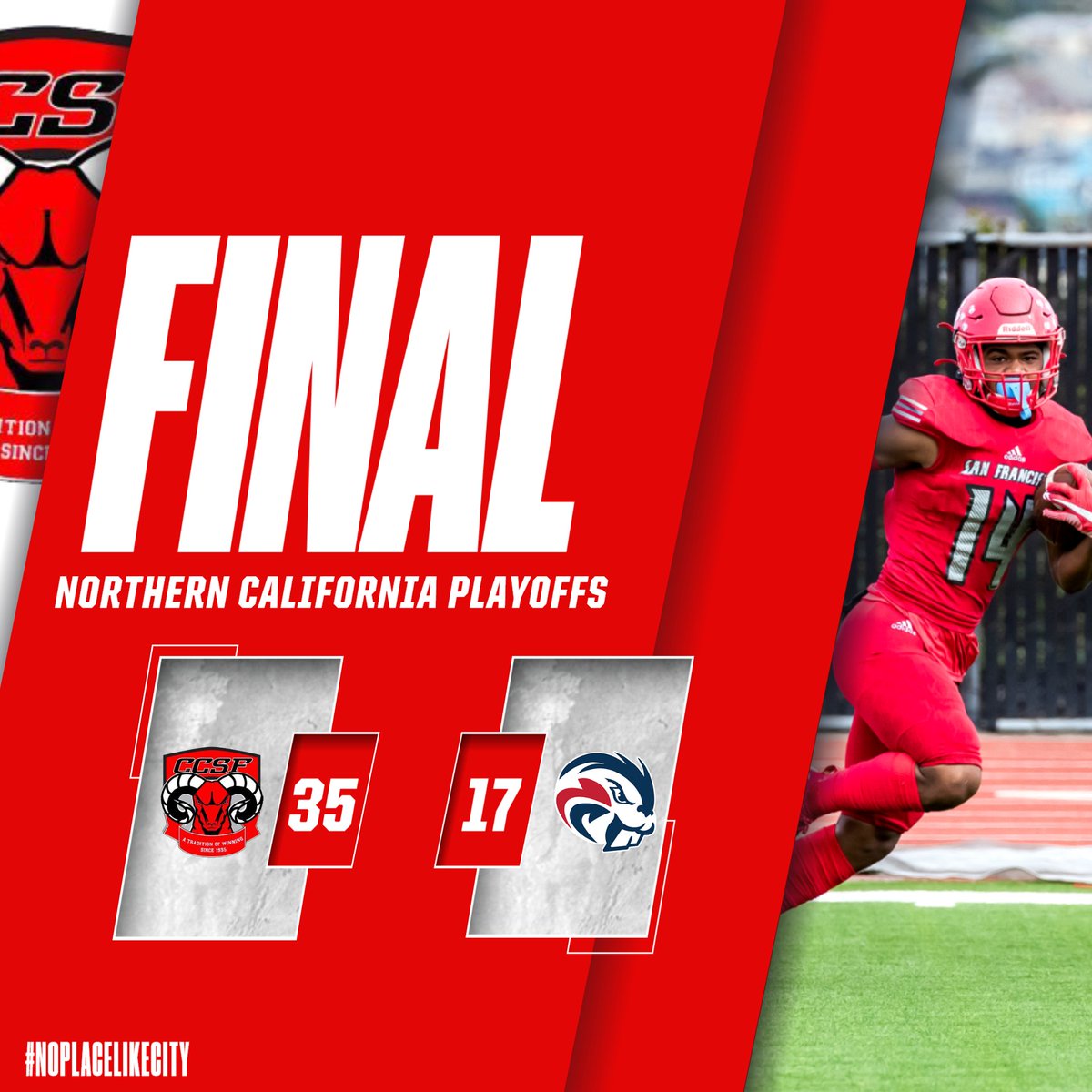 CCSFAthletics's tweet photo. .@CCSFFootball gets the W! We'll host the Northern California Championship on Dec. 4 🔴⚫️🐏💪🏈
@CCCAASports @OfficialCCSF @theguardsman @JUCOFFrenzy @JuCoFootballACE https://t.co/kOAJk9wZBL