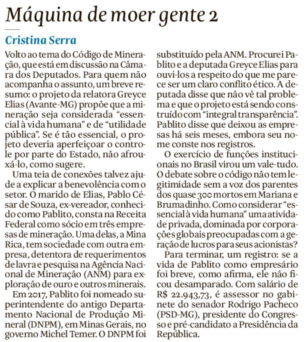 andretrig's tweet photo. A relatora do Código de Mineração (que propõe inovações escandalosas) é casada com um minerador, que vem a ser assessor do presidente do Senado e pré-candidato à presidência, Rodrigo Pacheco. Baita conflito de interesses, como conta a Cristina Serra na @folha Que horror! https://t.co/szH2UV0C3c