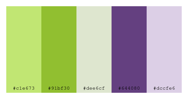 ColPaletteBot's tweet photo. Beep beep, here's a pretty color palette for you!
color-scheme.js parameters used:
- hue: 294
- variation: pastel
- colors: #c1e673, #91bf30, #dee6cf, #644080, #dccfe6
Have a lovely evening!
#twitterbot #colorpalette #colors #palette #prettycolors https://t.co/BEPEXhnxPe