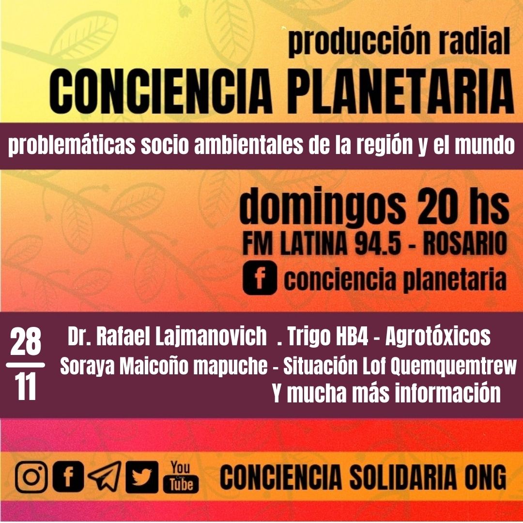 CoPlanetaria's tweet photo. 🎙️¡#ConcienciaPlanetaria! 
28-11-2021 20hs

*Entrevista: #RafaelLajmanovich,  Tema: #TrigotransgénicoHb4 
*#SorayaMaicoño, #recuperaciónterritorial del #LofQuemquemtrew.

#ConcienciaSolidariaONG
santafe@concienciasolidaria.org.ar 
https://t.co/QnxhtoVHPo https://t.co/9Hg3oatxCf