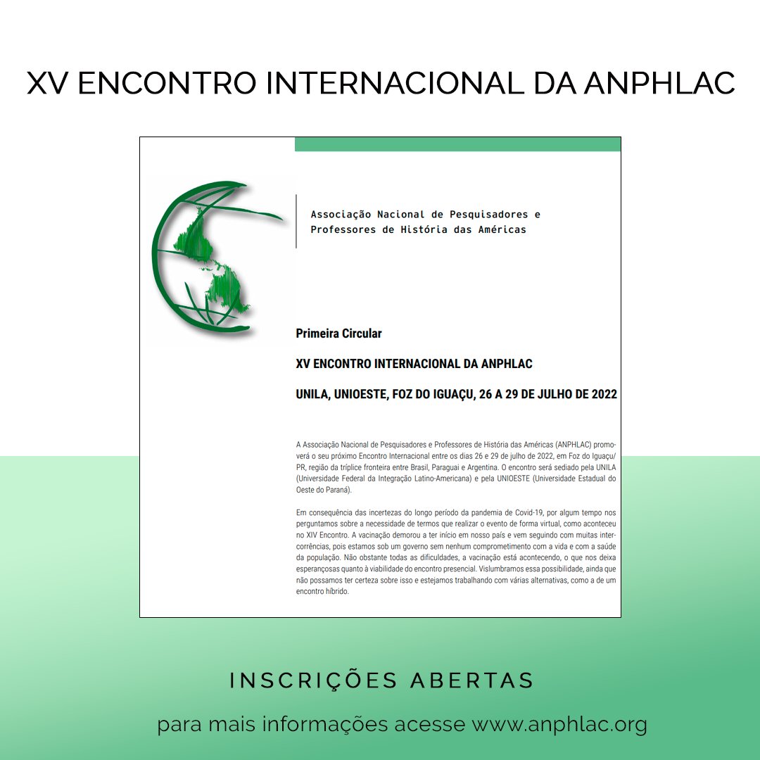 Continuam abertas as inscrições para o XV Encontro Internacional da ANPHLAC, a ser realizado entre os dias 26 e 29 de julho de 2022. O encontro será sediado pela UNILA e pela UNIOESTE.

#historia #encontro #anphlac #historiadasamericas #americalatina #professores #pesquisadores