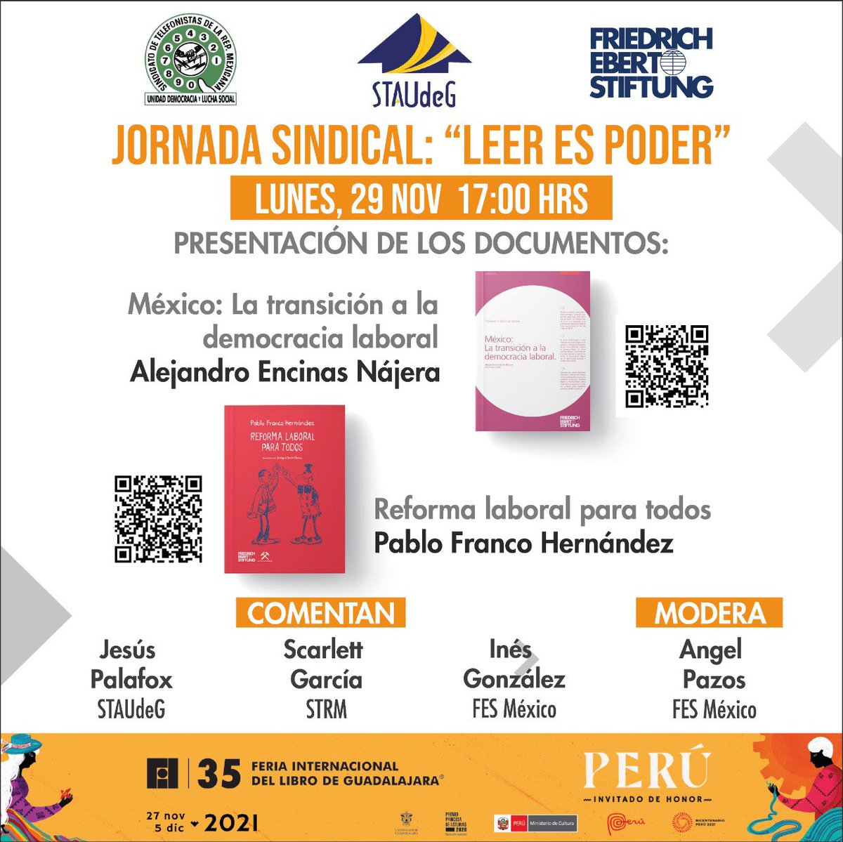 FESMEX's tweet photo. El @STAUdeG, @Telefonistas de Jalisco y @FESMEX invitan a la:

JORNADA SINDICAL “LEER ES PODER”.
Lunes 29 y martes 30 de noviembre.
Auditorio “Adalberto Navarro Sánchez”, CUCSH sede la Normal,  #UdeG.

Acude con tu cubrebocas bien puesto y participa. ¡No faltes, te esperamos! https://t.co/7ibSiDHRq6