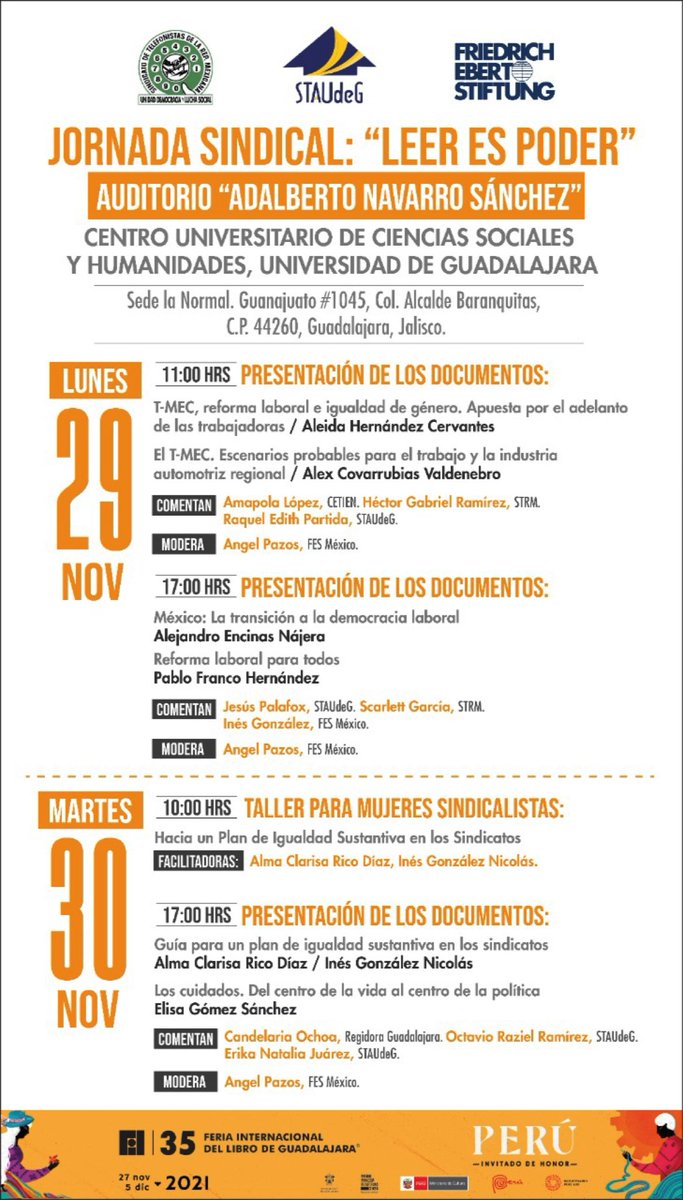 FESMEX's tweet photo. El @STAUdeG, @Telefonistas de Jalisco y @FESMEX invitan a la:

JORNADA SINDICAL “LEER ES PODER”.
Lunes 29 y martes 30 de noviembre.
Auditorio “Adalberto Navarro Sánchez”, CUCSH sede la Normal,  #UdeG.

Acude con tu cubrebocas bien puesto y participa. ¡No faltes, te esperamos! https://t.co/7ibSiDHRq6