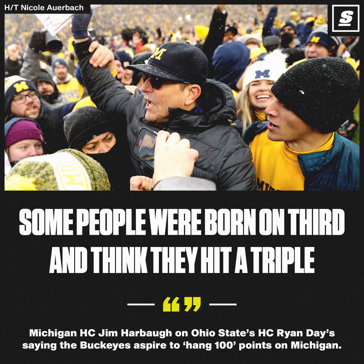 theScore's tweet photo. Michigan's Jim Harbaugh served Ryan Day a slice of humble pie today. 👀 https://t.co/Z94TUUk9R2 https://t.co/blLAM1FQrR