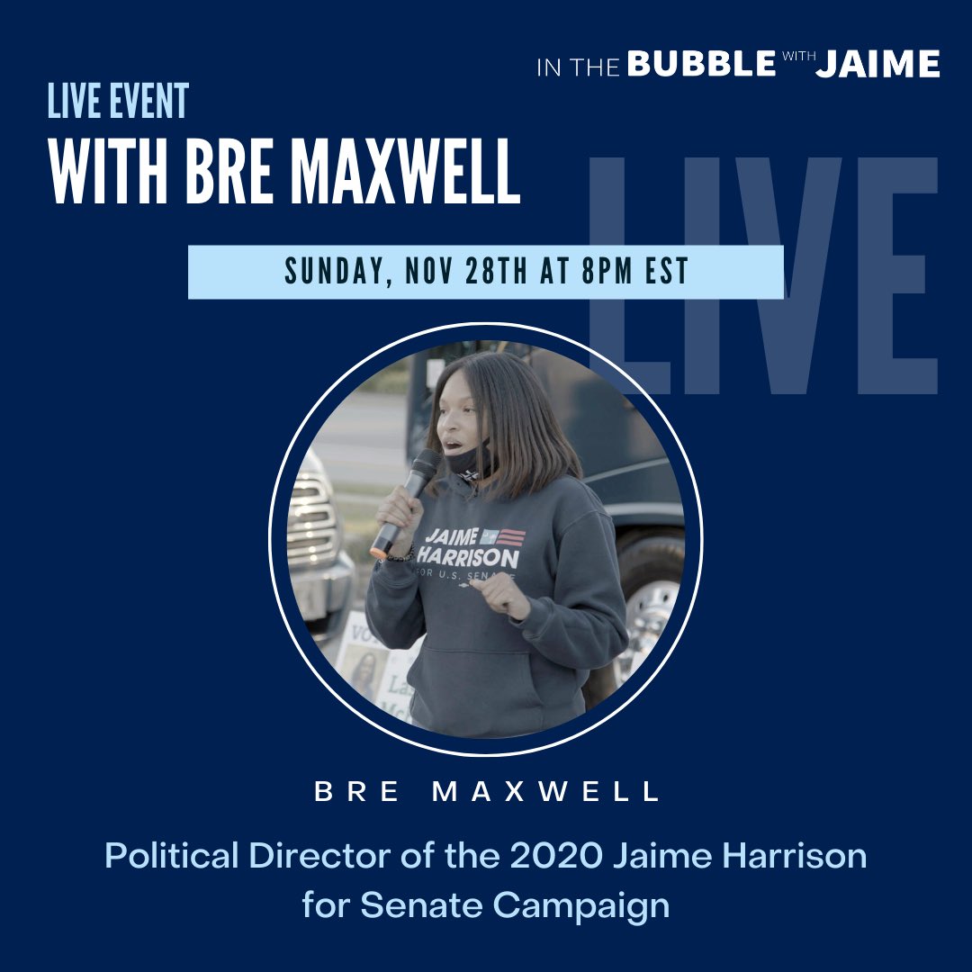 The_jaimedoc's tweet photo. JOIN US TOMORROW, Nov. 28 @ 8PM EST, for our Virtual Live Event with Bre Maxwell, Political Director for Jaime Harrison’s 2020 Senate Campaign! 

Pledge $20 or more at https://t.co/on27kraODU to attend and hear Bre talk about her experiences during the campaign and documentary! https://t.co/dHmiKRtqJy