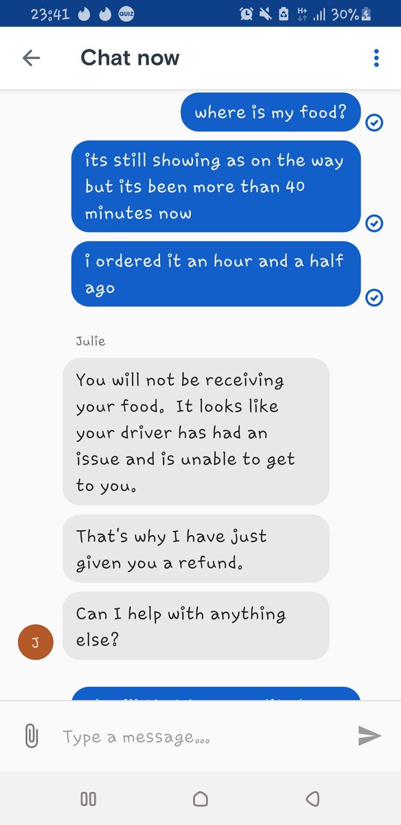 Charlii47's tweet photo. Shocking customer service from @JustEatUK as usual. They cancel my order, don't even bother to tell me and won't apologise for it. Honestly the lack of any kind of care for their customers is astounding. I shouldn't be surprised as this isn't even close to the first time! 🤬 https://t.co/Voos1MQ46F