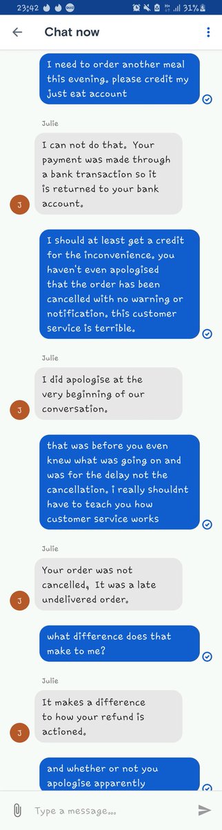 Charlii47's tweet photo. Shocking customer service from @JustEatUK as usual. They cancel my order, don't even bother to tell me and won't apologise for it. Honestly the lack of any kind of care for their customers is astounding. I shouldn't be surprised as this isn't even close to the first time! 🤬 https://t.co/Voos1MQ46F