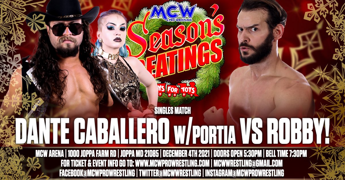 MCWWrestling's tweet photo. We return to the #MCWArena for its annual #ToysForTots π§Έ Drive & #MCWSeasonsBeatings eventβΌοΈ
See ROBBY π former #MCW Champion @VivaDanteViva
@TheShooterKM & @Myles_Hawkins_ take on two former MCW Tag Team Champions in #GFed & @DNapalmBombπ₯
ππ https://t.co/ldeuDovVkY https://t.co/EqIASBExAq