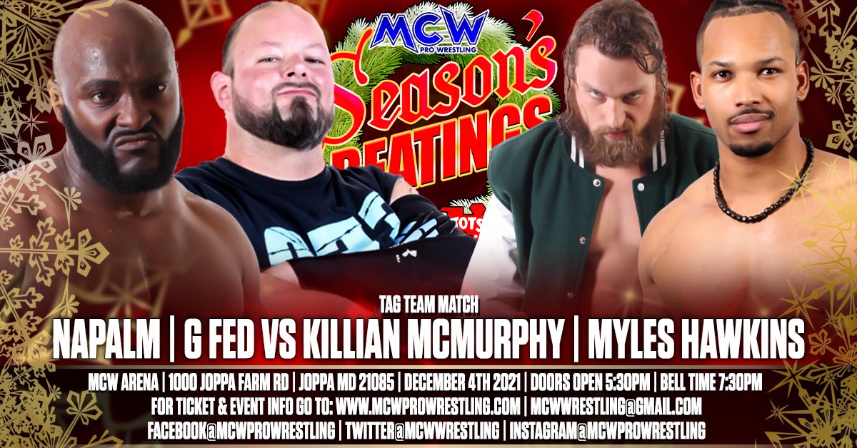 MCWWrestling's tweet photo. We return to the #MCWArena for its annual #ToysForTots π§Έ Drive & #MCWSeasonsBeatings eventβΌοΈ
See ROBBY π former #MCW Champion @VivaDanteViva
@TheShooterKM & @Myles_Hawkins_ take on two former MCW Tag Team Champions in #GFed & @DNapalmBombπ₯
ππ https://t.co/ldeuDovVkY https://t.co/EqIASBExAq