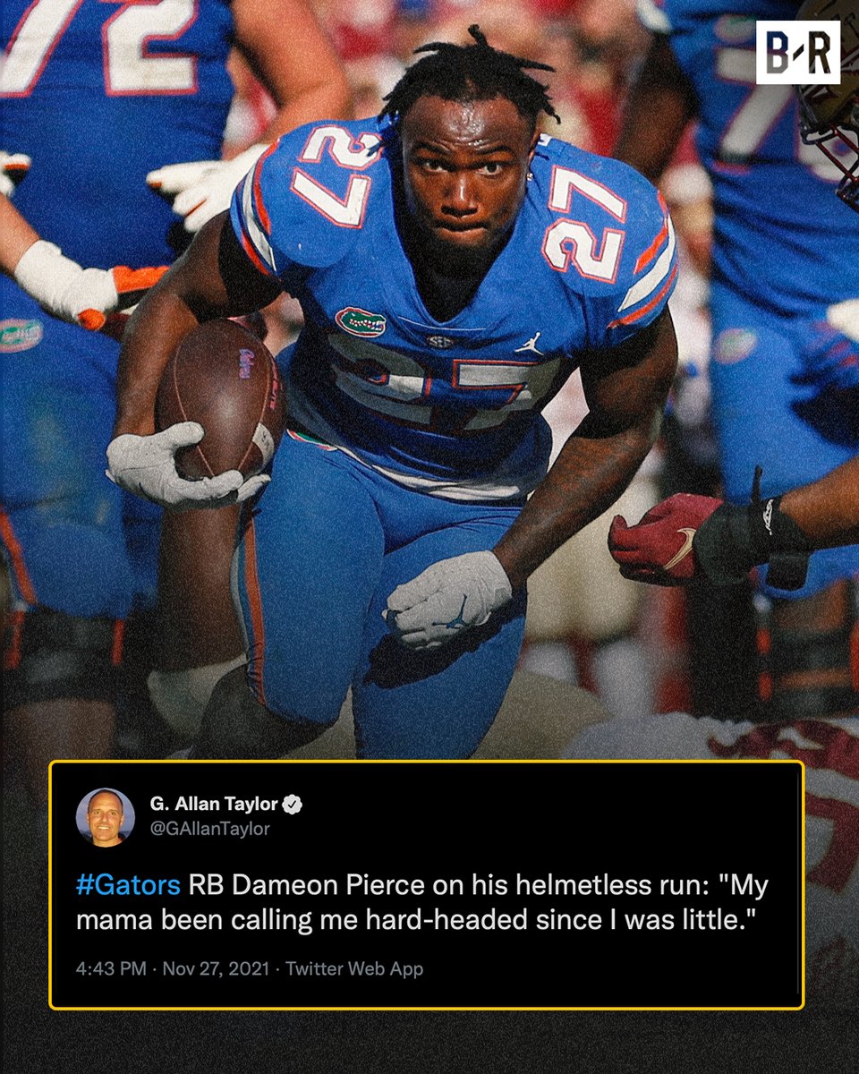 BleacherReport's tweet photo. Florida RB Dameon Pierce lost his helmet on a play against Florida State and kept on running.

His mama knows him too well 😂 https://t.co/9w5218Ozaw