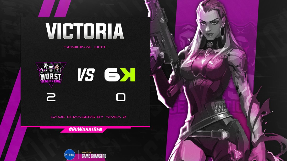 WorstGenGG's tweet photo. 🟣VICTORIA🟣
ESTAMOS EN LA FINAL!
Despues de una gran serie BO3 logramos este resultado y estamos nuevamente en una final de Game Changers by nivea en la segunda edicion!
GG para @SixKarmaEsports
Gracias por todo su apoyo y nos vemos mañana🟣🔥
#GoWorstGen #GWen #Valorant https://t.co/MWenBx2Chq
