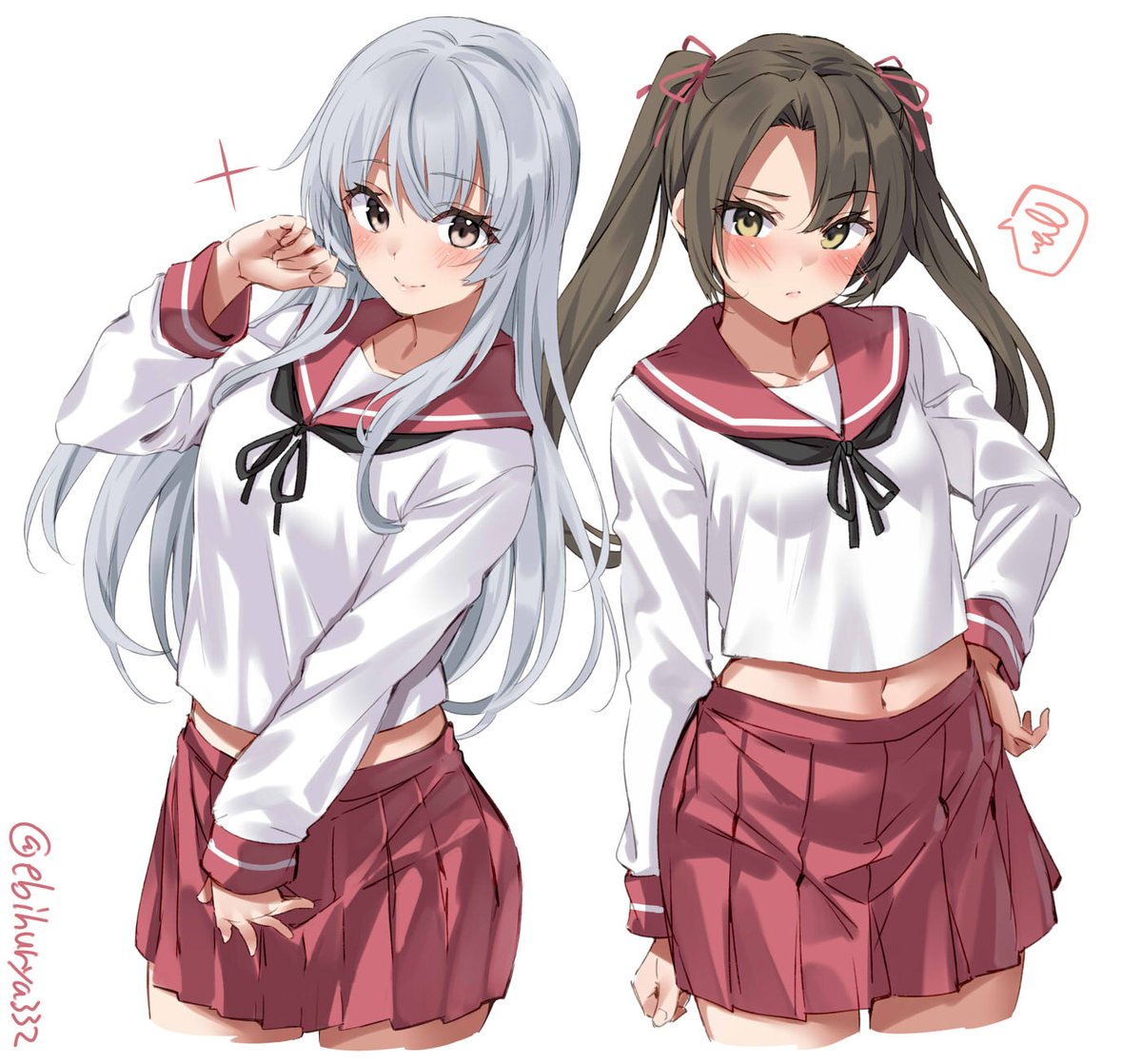 shoukaku (kancolle) ,zuikaku (kancolle) 2girls multiple girls twintails school uniform skirt twitter username long hair  illustration images