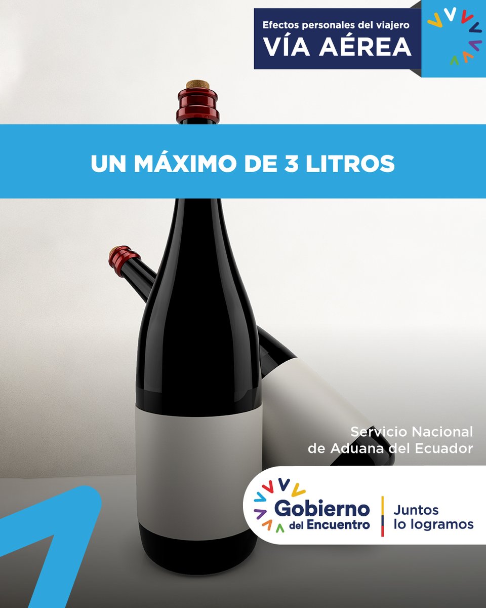 SENAE_Aduana's tweet photo. 📢 INFÓRMATE: ¿Sabías que la lista de efectos personales del viajero, por vía aérea, incluye licores?

Puedes traer máximo 3 litros de bebidas alcohólicas 🍾

Recuerda que todo excedente a los 3 litros debe tributar, incluye lo que adquieras en #DutyFree.  

#TuCompraSegura 🎁 https://t.co/S6DGB9cqmA
