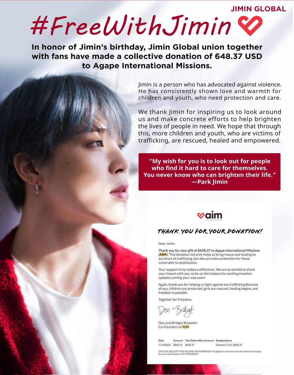 Jimin_Mexico's tweet photo. En honor al cumpleaños de Park Jimin, donamos 648,37 USD a Agape International Missions.
Agradecemos a Jimin por ser nuestra luz, inspirándonos a hacer esto juntos para que más niños y jóvenes que son víctimas de la trata sean rescatados, sanados y empoderados.
#FreeWithJimin https://t.co/s2AFO1wf0l