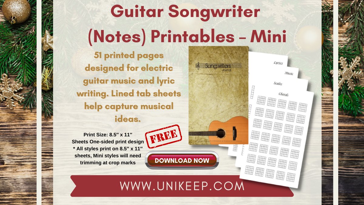 51 printed pages designed for electric guitar music and lyric writing are perfect for capturing musical ideas and developing them into that perfect song. Download Guitar Songwriter (Notes) Printables – Mini now for free!👉bit.ly/3E6Zqsk

#music #printables #free #holiday