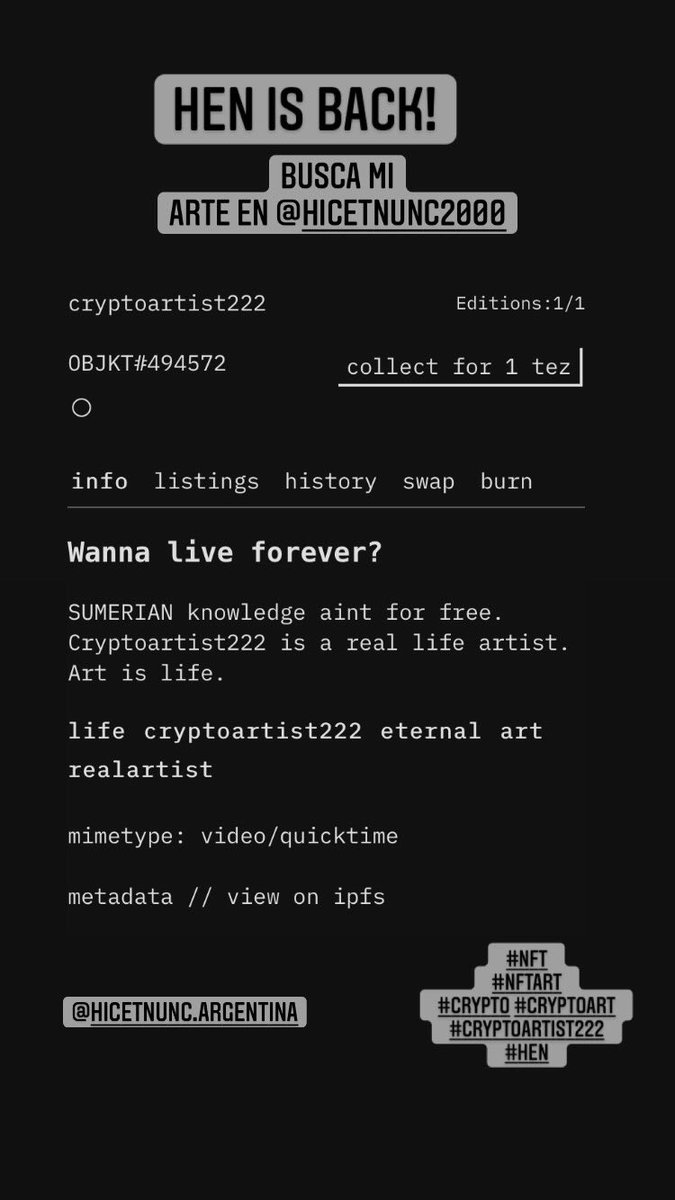 HEN IS BACK ! @onhicetnunc <a href="/hicetnuncDAO/">hDAO</a> 

collectors #cryptoartist222 is back ! 
OBJKT # 494572 

My first #Giveaway #NFTGiveaway #Cryptoart 

check out my #art #Crypto #cryptocurrency #NFT #NFTs #nftart #NFTartists #nftcollector