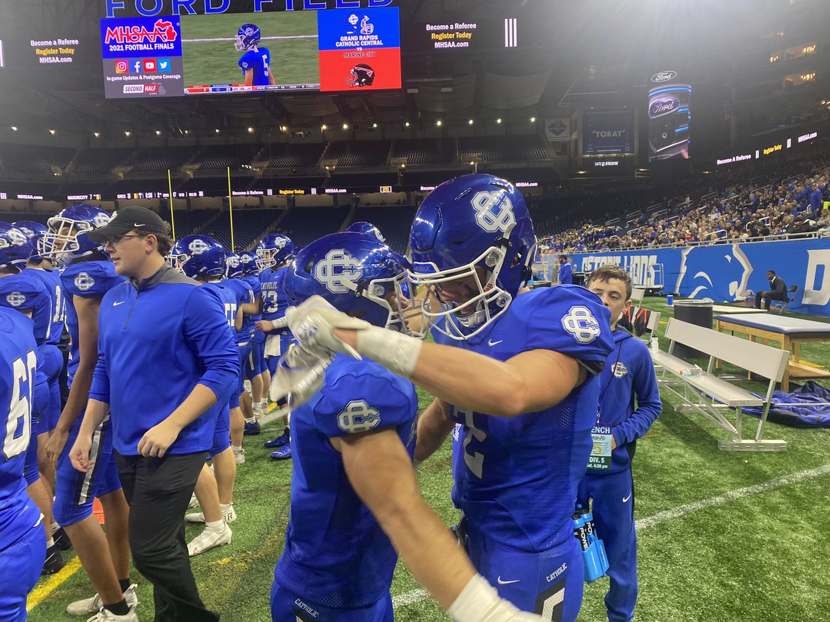FOX17Blitz's tweet photo. It’s a 3-peat!

Grand Rapids Catholic Central beats Marine City 31-7

The Cougars are state champs! https://t.co/WbA3tyVET8