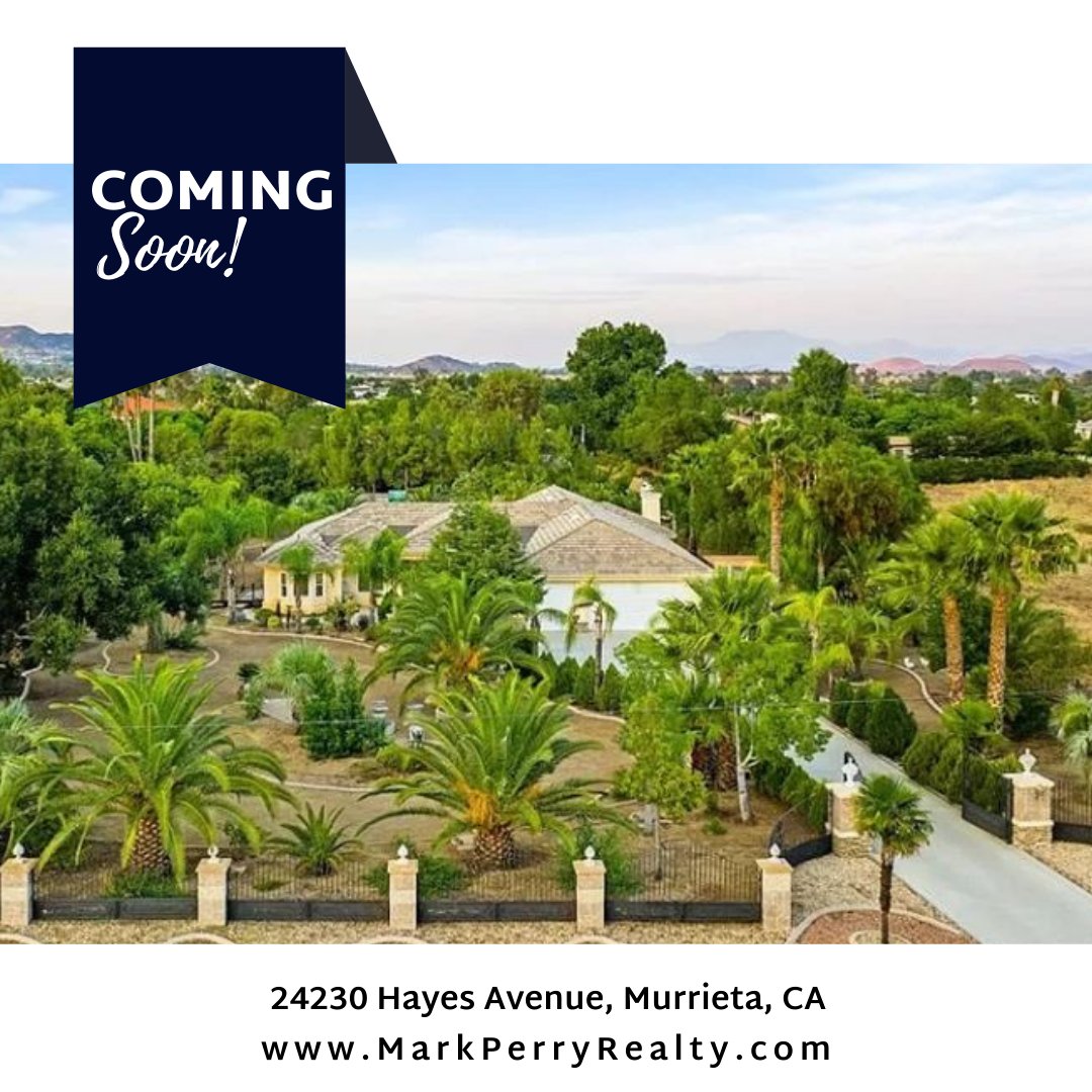 Coming Soon: 24230 Hayes Avenue, Murrieta, CA 92562 will be going on the market for $1,277,000.  This custom built, 3,112 sq ft, 3 bed 3 bath beautifully appointed home, nestles on 1 acre of land.  Call or text me, Mark Perry on 951.760.8943.