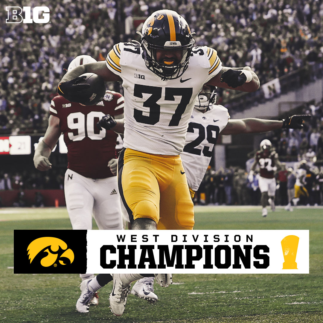 B1Gfootball's tweet photo. 𝗔𝗻𝗱 𝘁𝗵𝗲 𝗪𝗲𝘀𝘁 𝘄𝗮𝘀 𝘄𝗼𝗻...𝗼𝘂𝘁𝗿𝗶𝗴𝗵𝘁!

@HawkeyeFootball clinches the West Division title &amp; earns the berth to the #B1GFCG next Saturday https://t.co/3bHt2U2Mez https://t.co/txL9uGAT2C