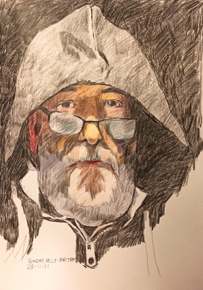 jshakart's tweet photo. Sunday self-portrait. #portraitnovember Two new acquisitions: a hoodie, and a selection of #derwent #procolour pencils. #A4 #leuchtturm1917 #sketchbook https://t.co/WvcO0Vy59B