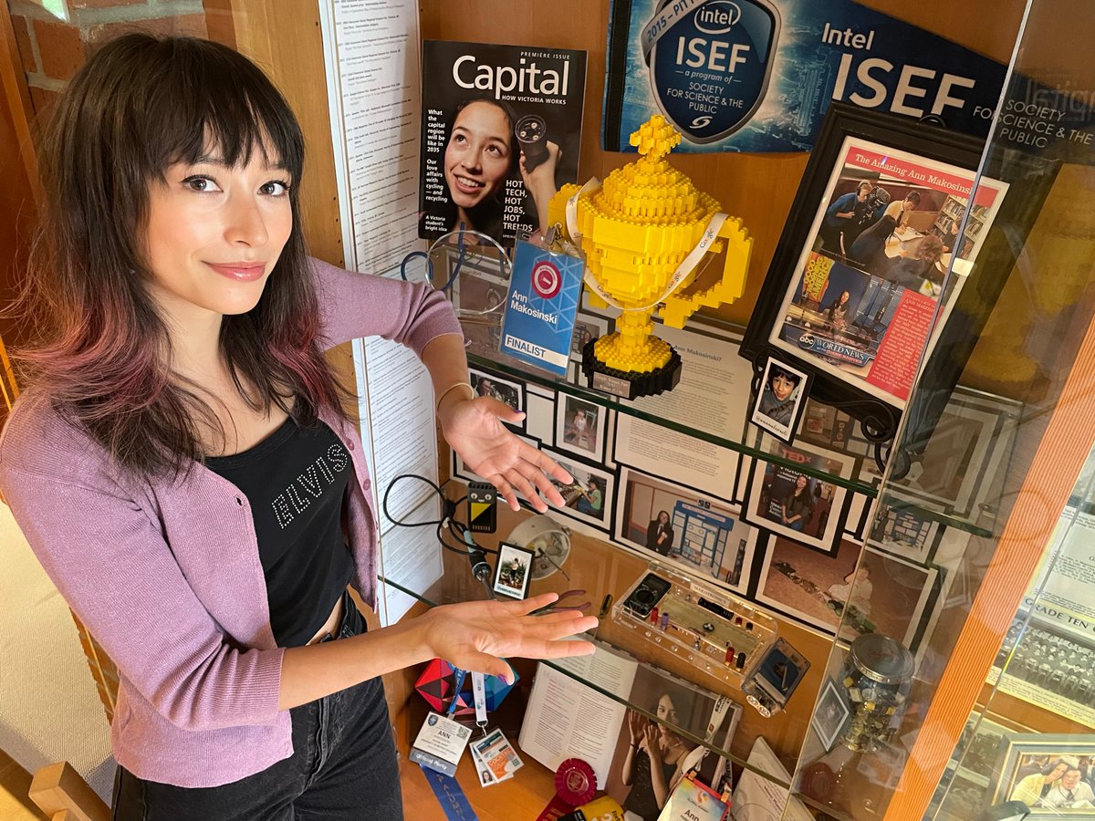 annmakosinski's tweet photo. My very awkward 14 year old self would never have dreamt that one day my high school would very kindly make a little shelf for me on my past projects and inventions 🥲 feeling very lucky and thankful. https://t.co/dl11Pt6pY7