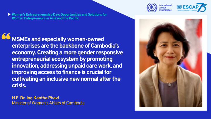 ILOAsiaPacific's tweet photo. Supporting entrepreneurship post-#COVID19 means creating a more gender responsive ecosystem that supports womens' needs and is inclusive for all, says H.E. Dr. Ing Kantha Phavi, Min. Women's Affairs of Cambodia at @ILO - @UNESCAP event.

#WomenEntrepreneurs https://t.co/tJkN92NbNS