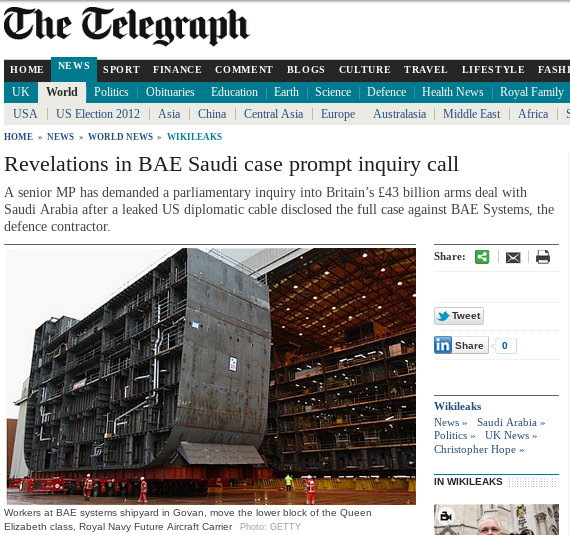 wikileaks's tweet photo. British weapons manufacturer BAE Systems paid £73 million in bribes to a Saudi prince, circumvented anti-bribery laws and was under investigation for fraud against the UK government, according to cable revealed by Julian Assange #Cablegate11 @Telegraph
https://t.co/VYEZLqT7oe https://t.co/xPI1uIEk6o