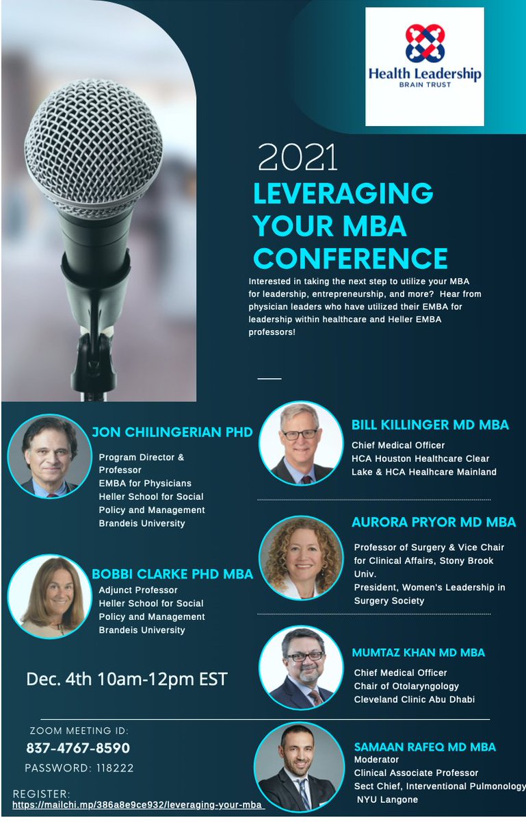 Join us for an informative seminar "Leveraging Your MBA" this Saturday (12/4/21) from 10am-12 pm EST.  
#HealthLeadership #physicianleaders #MBA  #healthcare #HealthBrainTrust 
You can register at: mailchi.mp/386a8e9ce932/l…