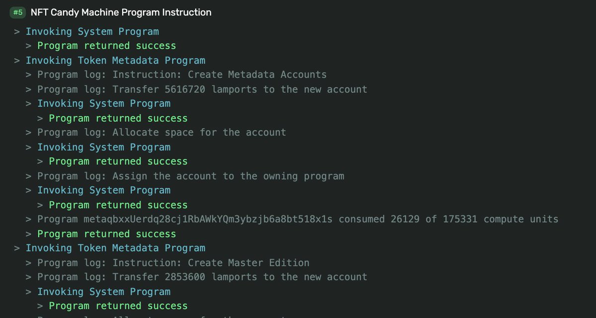 jstrry's tweet photo. Transaction logs on the Solana explorer are a bit easier to read now FYI. You can almost understand what the NFT candy machine is doing now: https://t.co/GdPQGRt10Q https://t.co/a22gSD9tiT